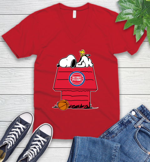 Detroit Pistons NBA Basketball Snoopy Woodstock The Peanuts Movie V-Neck T-Shirt 7