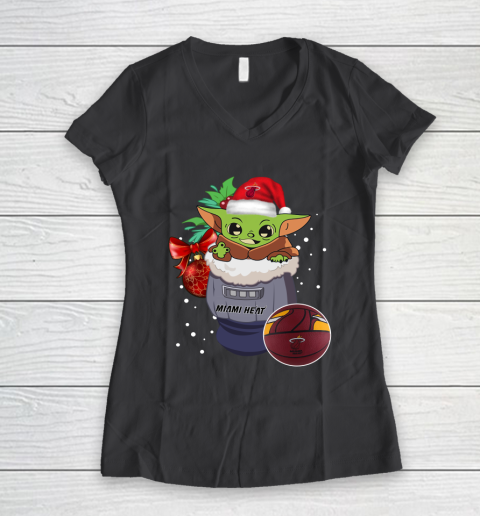 Miami Heat Christmas Baby Yoda Star Wars Funny Happy NBA Women's V-Neck T-Shirt 8