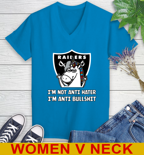 Oakland Raiders NFL Football Unicorn I'm Not Anti Hater I'm Anti Bullshit Women's V-Neck T-Shirt 8
