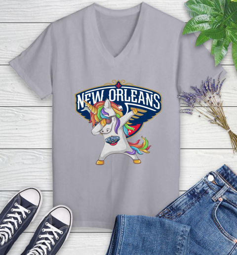 New Orleans Pelicans NBA Basketball Funny Unicorn Dabbing Sports Women's V-Neck T-Shirt 4