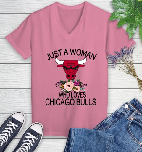 NBA Just A Woman Who Loves Chicago Bulls Basketball Sports Women's V-Neck T-Shirt 8