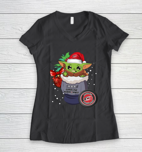 Carolina Hurricanes Christmas Baby Yoda Star Wars Funny Happy NHL Women's V-Neck T-Shirt 8