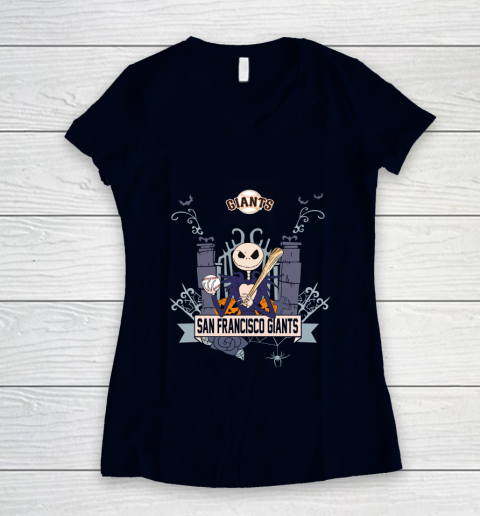 MLB San Francisco Giants Baseball Jack Skellington Halloween Women's V-Neck T-Shirt 2