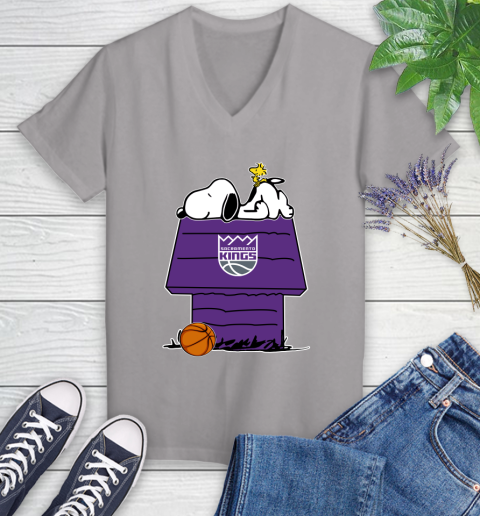 Sacramento Kings NBA Basketball Snoopy Woodstock The Peanuts Movie Women's V-Neck T-Shirt 4
