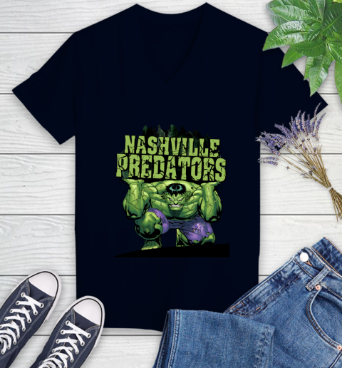 Nashville Predators NHL Hockey Incredible Hulk Marvel Avengers Sports Women's V-Neck T-Shirt 3