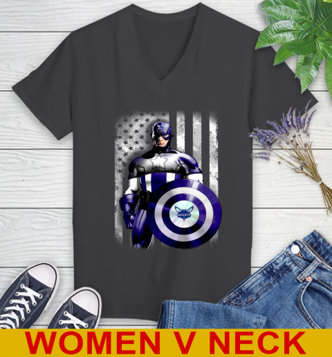 Charlotte Hornets NBA Basketball Captain America Marvel Avengers American Flag Shirt Women's V-Neck T-Shirt 8