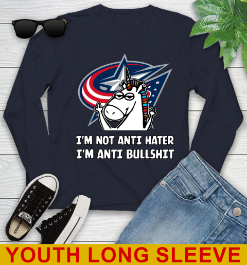 Columbus Blue Jackets NHL Hockey Unicorn I'm Not Anti Hater I'm Anti Bullshit Youth Long Sleeve 3
