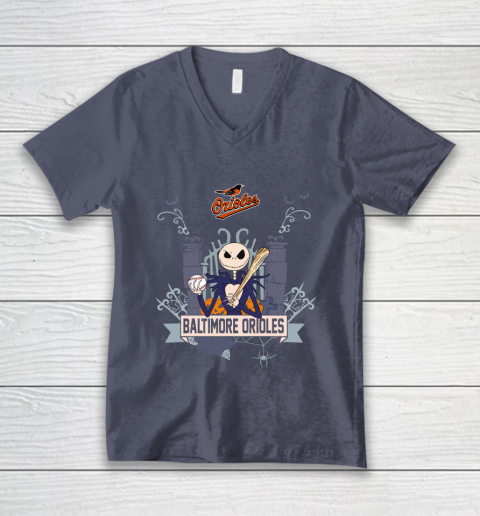 MLB Baltimore Orioles Baseball Jack Skellington Halloween V-Neck T-Shirt 7