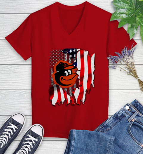 Baltimore Orioles MLB Baseball American Flag Women s V Neck T Shirt Tee For Sports