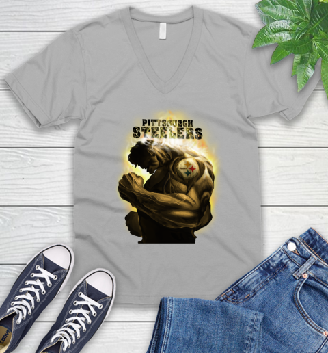 Pittsburgh Steelers NFL Football Hulk Marvel Avengers Sports V-Neck T-Shirt 3
