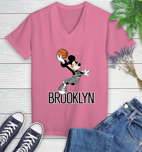 NBA Basketball Brooklyn Nets Cheerful Mickey Mouse Shirt Women's V-Neck T-Shirt 11
