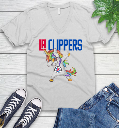 LA Clippers NBA Basketball Funny Unicorn Dabbing Sports V-Neck T-Shirt