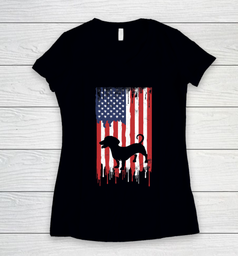 Dachshund 4th of July Patriotic American USA Flag Women's V-Neck T-Shirt
