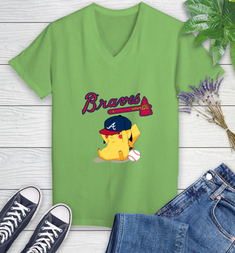 MLB Pikachu Baseball Sports Atlanta Braves Women's V-Neck T-Shirt 11