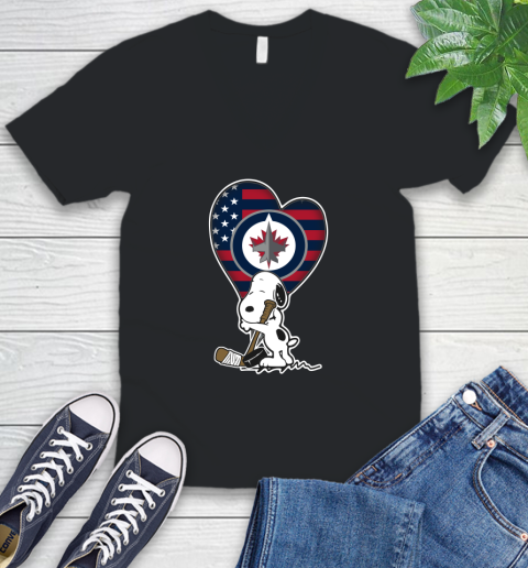 Winnipeg Jets NHL Hockey The Peanuts Movie Adorable Snoopy V-Neck T-Shirt 2