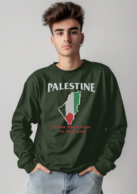 hpaj palestine from the river to the sea long sleeve tee 14 front forest green