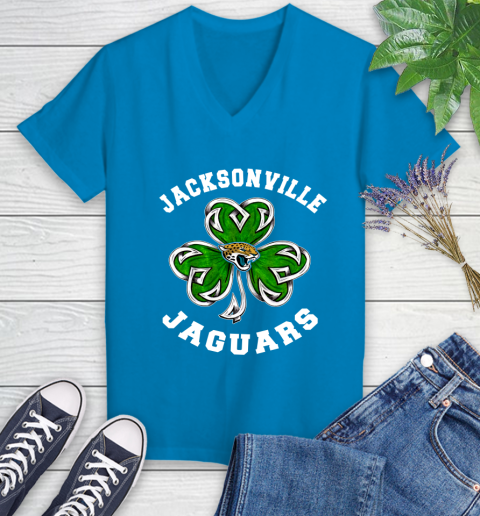 NFL Jacksonville Jaguars Three Leaf Clover St Patrick's Day Football Sports Women's V-Neck T-Shirt 7