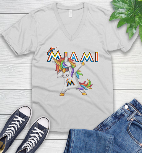 Miami Marlins MLB Baseball Funny Unicorn Dabbing Sports V-Neck T-Shirt