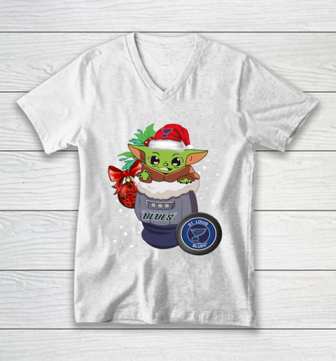 St.Louis Blues Christmas Baby Yoda Star Wars Funny Happy NHL V-Neck T-Shirt 2