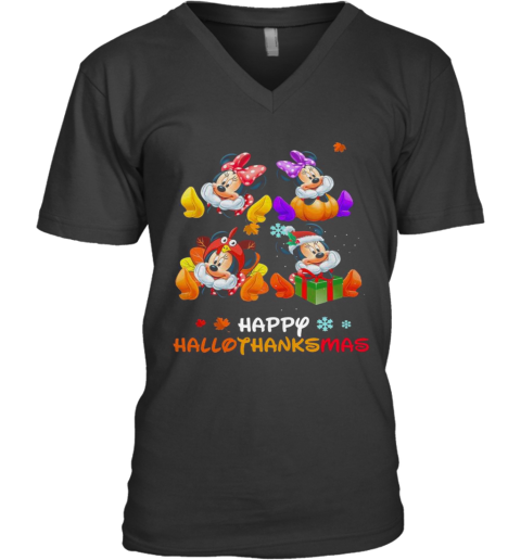 Minnie Disney Halloween And Merry Christmas Happy Hallothanksmas V-Neck T-Shirt
