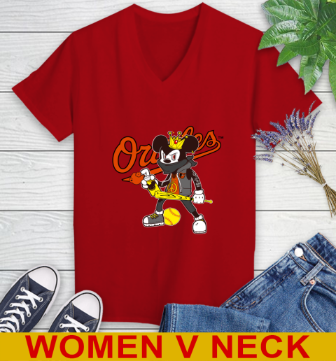 Baltimore Orioles MLB Baseball Mickey Peace Sign Sports Women's V-Neck T-Shirt 12