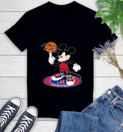 NBA Basketball Detroit Pistons Cheerful Mickey Disney Shirt Women's V-Neck T-Shirt