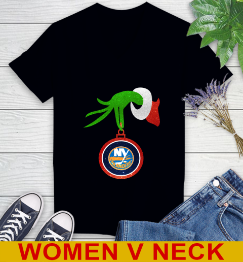 New York Islanders Grinch Merry Christmas NHL Hockey Women's V-Neck T-Shirt 2