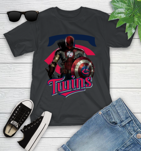 MLB Captain America Thor Spider Man Hawkeye Avengers Endgame Baseball Minnesota Twins Youth T-Shirt 2
