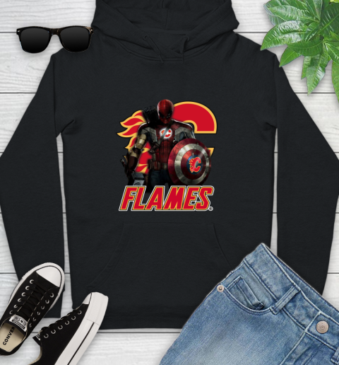 NHL Captain America Thor Spider Man Hawkeye Avengers Endgame Hockey Calgary Flames Youth Hoodie 2