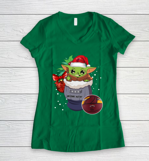 Miami Heat Christmas Baby Yoda Star Wars Funny Happy NBA Women's V-Neck T-Shirt 5