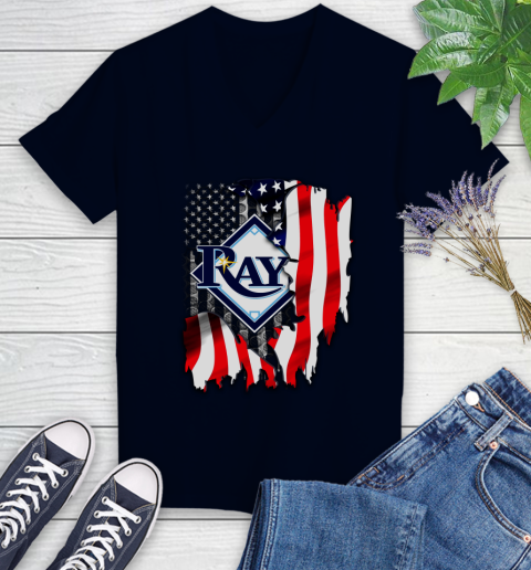 Tampa Bay Rays MLB Baseball American Flag Women's V-Neck T-Shirt 2