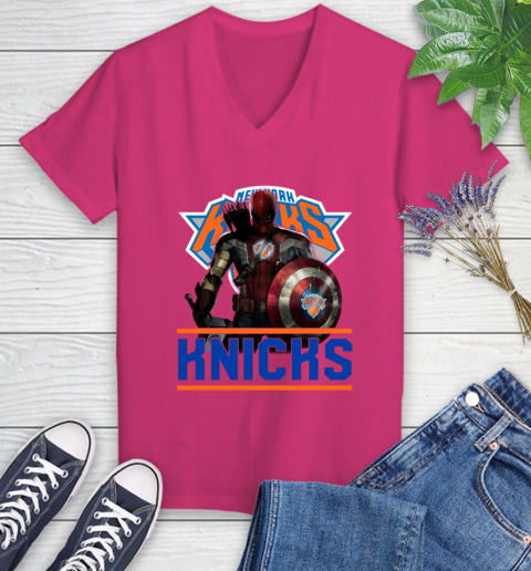 New York Knicks NBA Basketball Captain America Thor Spider Man Hawkeye Avengers Women's V-Neck T-Shirt 9