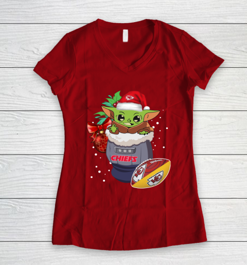 Kansas City Chiefs Christmas Baby Yoda Star Wars Funny Happy NFL Women's V-Neck T-Shirt 10