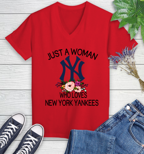 MLB Just A Woman Who Loves New York Yankees Baseball Sports Women's V-Neck T-Shirt 7