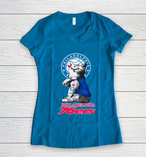 NBA Basketball My Cat Loves Philadelphia 76ers Women's V-Neck T-Shirt 5