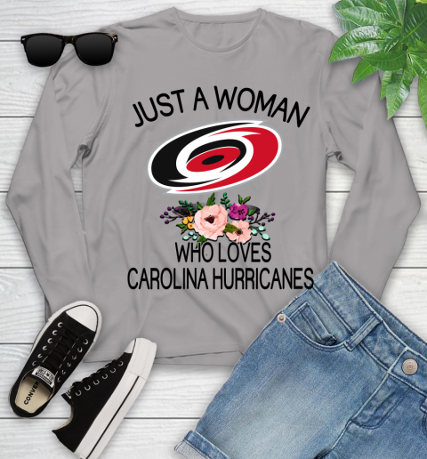 NHL Just A Woman Who Loves Carolina Hurricanes Hockey Sports Youth Long Sleeve 3