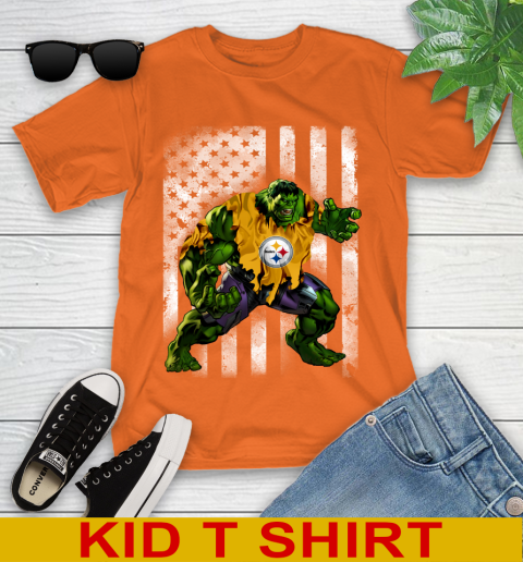 Pittsburgh Steelers Hulk Marvel Avengers NFL Football American Flag Youth T-Shirt 8