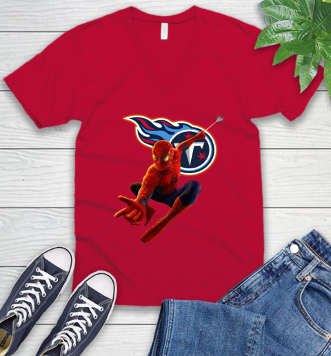 NFL Spider Man Avengers Endgame Football Tennessee Titans V-Neck T-Shirt 8 NFL Spider Man Avengers Endgame Football Tennessee Titans V-Neck T-Shirt - Image 8