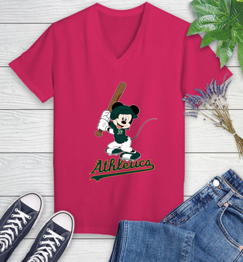 MLB Baseball Oakland Athletics Cheerful Mickey Mouse Shirt Women's V-Neck T-Shirt 8