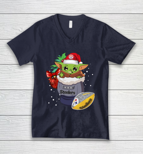 Pittsburgh Steelers Christmas Baby Yoda Star Wars Funny Happy NFL V-Neck T-Shirt 3