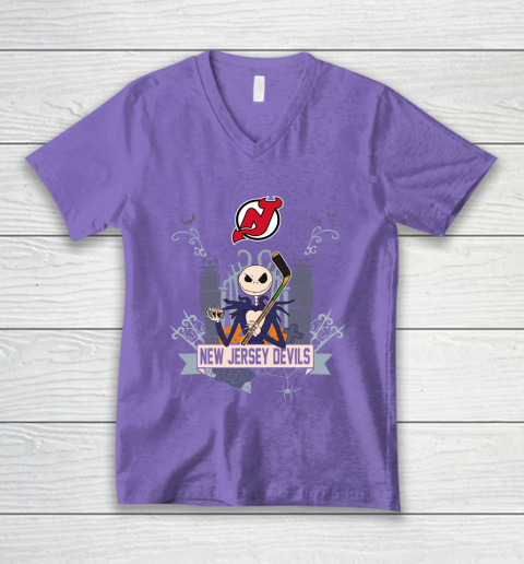 NHL New Jersey Devils Hockey Jack Skellington Halloween V-Neck T-Shirt 8