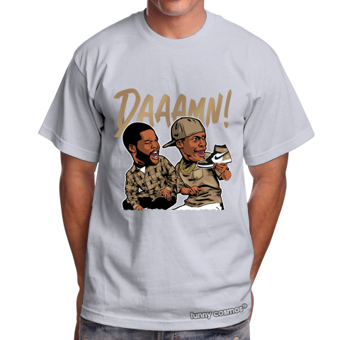 Air Jordan 1 NRG Gold Toe Matching Sneaker Shirt Daaamn Meme Black White And Gold Sneaker Black Tshirt