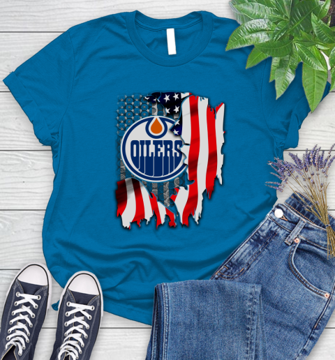 Edmonton Oilers NHL Hockey American Flag Women's T-Shirt 10