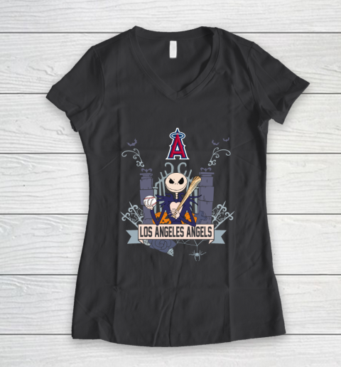 MLB Los Angeles Angels Baseball Jack Skellington Halloween Women's V-Neck T-Shirt 6