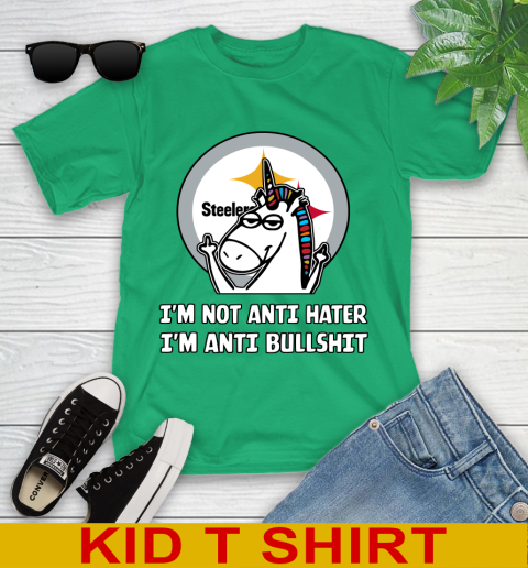Pittsburgh Steelers NFL Football Unicorn I'm Not Anti Hater I'm Anti Bullshit Youth T-Shirt 6