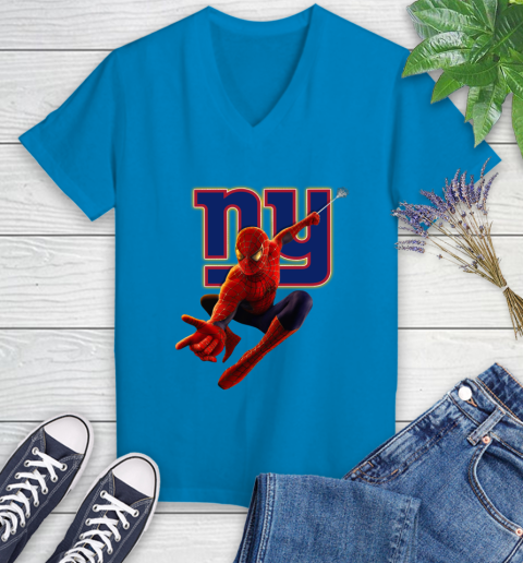 NFL Spider Man Avengers Endgame Football New York Giants Women's V-Neck T-Shirt 7