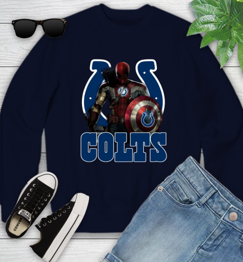 NFL Captain America Thor Spider Man Hawkeye Avengers Endgame Football Indianapolis Colts Youth Sweatshirt 3