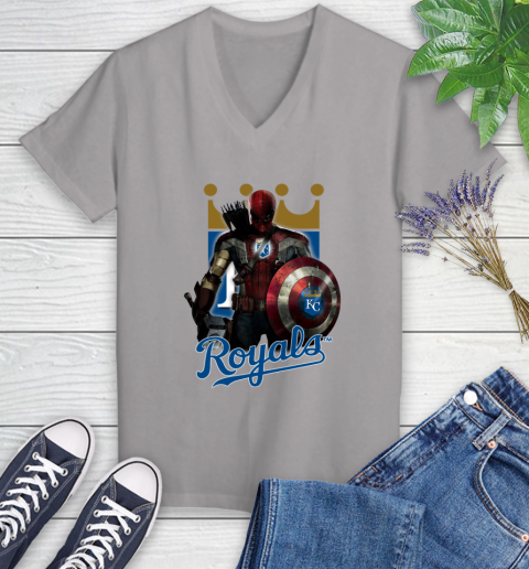 MLB Captain America Thor Spider Man Hawkeye Avengers Endgame Baseball Kansas City Royals Women's V-Neck T-Shirt 4
