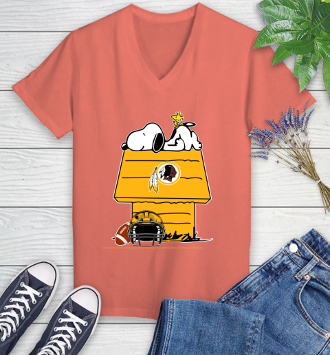 Washington Redskins NFL Football Snoopy Woodstock The Peanuts Movie Women's V-Neck T-Shirt 6