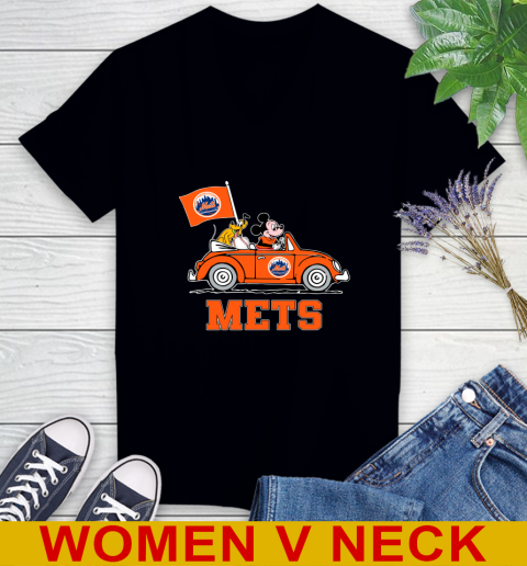 MLB Baseball New York Mets Pluto Mickey Driving Disney Shirt Women's V-Neck T-Shirt 2
